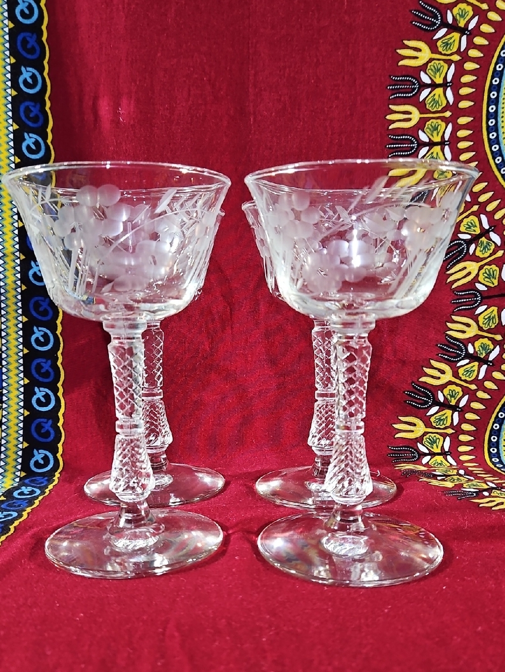 VTG Libbey Rock Sharpe 4 Tall Long Stem Etched Floral Champagne Coupe Glasses